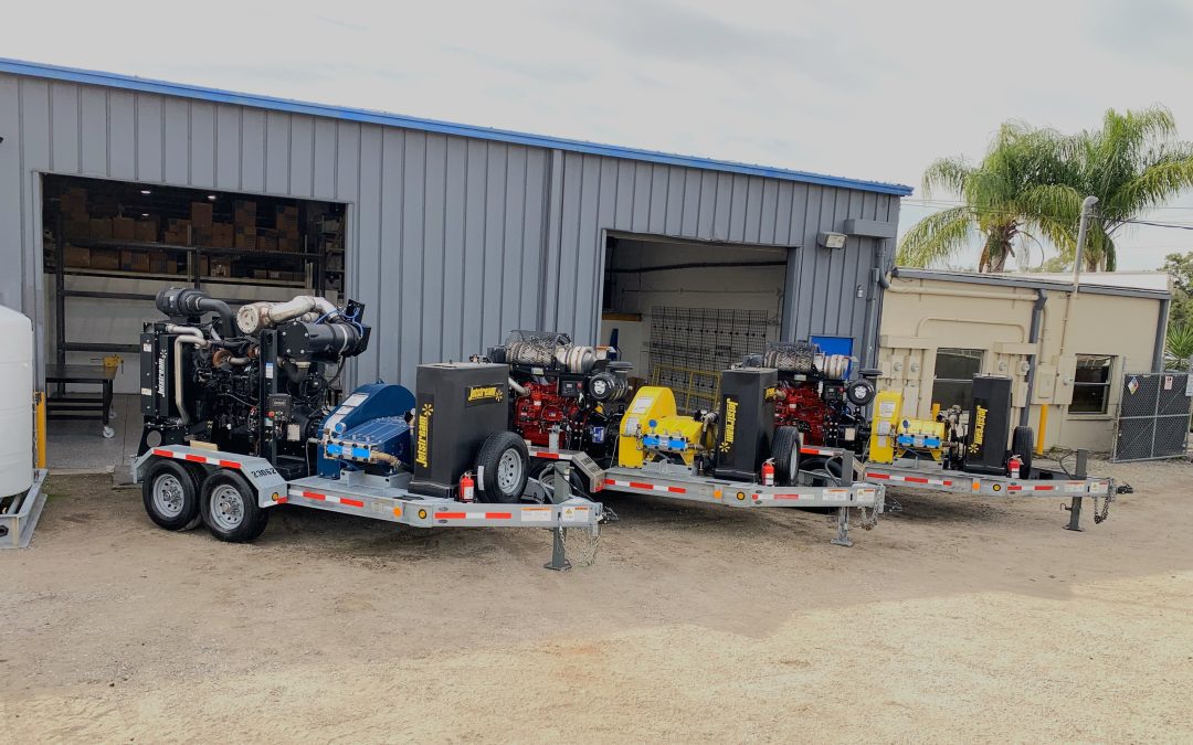 A jetstream rental center with jetstream wasterblasting trailer units sitting out front ready to be rented out